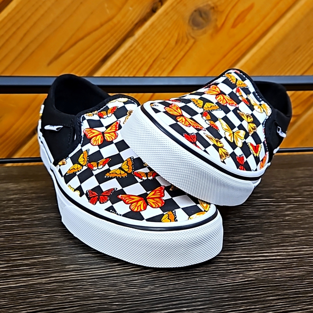NEW Womens VANS Asher Customs Butterfly Checkerboard Slip-On Sneakers Multi Szs